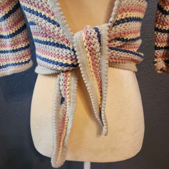 Christopher & Banks 1/2 Sleeve Crochet Striped Front Tie Cropped Size Small - Picture 4 of 7